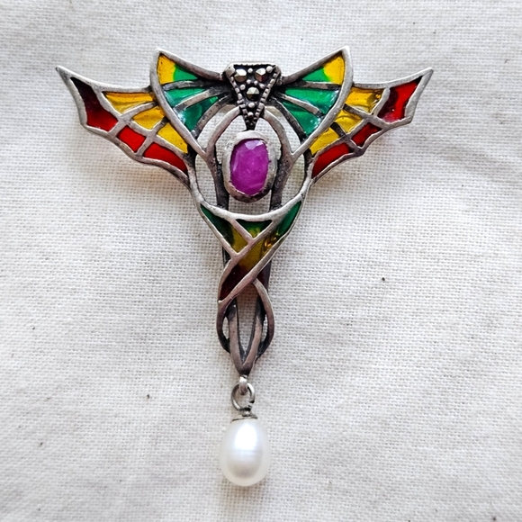 Vtg Sterling Ruby, Pearl, Marcasite Plique-a-Jour Enamel Brooch - Picture 1 of 11